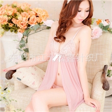 百花天使情趣内衣藕粉色锦纶网+蕾丝爆款开襟式上衣+T裤9290