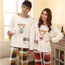 睡衣批发春秋男女情侣格子卡通熊针织棉长袖套睡衣家居服Z145