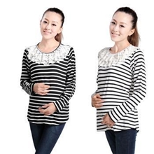 特价供应2013韩版孕妇装秋装条纹蕾丝花边圆领纯棉孕妇长袖t恤