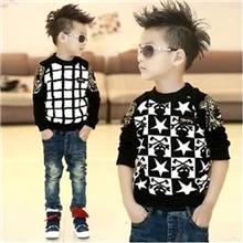 卡哇伊秋冬款新款男童打底衫黑白格子星星加厚不倒绒儿童打底衫