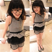 米米果韩/风尚童装中大童叠层蕾丝摆背心+短裤靴裤小香风套装/特