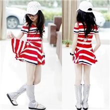 2013夏装新款童装中大童海军风潮胸针条纹露肩鱼尾摆连衣裙/特