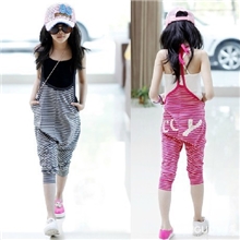 2013夏装新款童装中大童条纹挂脖系带后字母全棉吊带连体中裤/特