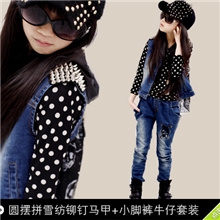新款童套装牛仔套装中大童圆摆拼雪纺铆钉马甲+牛仔裤/一件代发