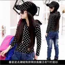 波点卫衣童装中大童童秋装波点潮链饰拼连帽卫衣T/打底衫一件代发