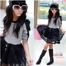 连衣裙韩风尚童装中大童秋装拼皮网纱摆连衣裙蓬蓬裙打底裙特