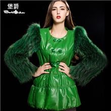 【企业集采】堡爵新款海宁真皮皮衣女绵羊皮拼接貉子毛中长款外套