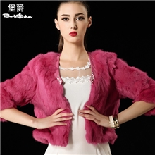 【企业集采】堡爵海宁秋冬新款铆钉兔毛拼接7分袖修身女皮草外套