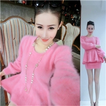 独家定制长毛水貂绒套装芭比粉皮草针织荷叶边貂毛裙小香风两件套