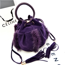 批发新款冬季皮草手提包潮磨砂皮水桶单肩斜挎包流苏兔毛毛绒女包