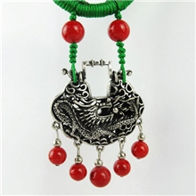 厂家直销民族饰品手工编制特色蜡绳藏银长命锁彩石项链项圈