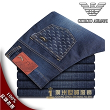 男装韩文阿玛尼牛仔裤秋冬新款直筒深蓝色男裤男士商务休闲长裤子