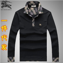 英国B家春秋男士公务首选都市格纹加大加肥翻领商务男装长袖T恤