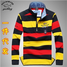 秋新款2013鲨鱼男装立领条纹长袖t恤纯棉刺绣商务品牌大码体恤衫