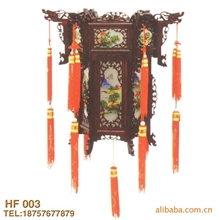 供应精美创意木雕宫灯六角二层玻璃山水画工艺灯