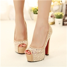 春季新款高跟鱼嘴单鞋欧美夜店女鞋性感蕾丝粗跟单鞋防水台鞋