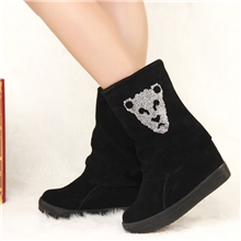 冬季红鹰鸟女新款真磨砂皮水钻豹头内增高坡跟雪地棉中筒短靴子鞋