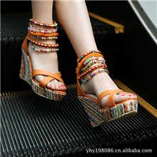 厂批2012新款坡跟女式凉鞋时尚波西米亚风格手工串珠女鞋凉鞋L-9