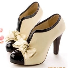 外贸女鞋厂家批发复古名媛拼色蝴蝶结高跟粗跟单鞋及踝靴裸靴短靴