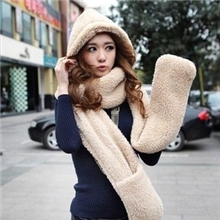 秋冬超保暖羊羔绒连帽毛绒加厚情侣围脖围巾帽子手套一体310克