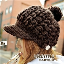CR8027冬季女士毛线木扣鸭舌帽韩版手工编织帽子冬天毛线帽批发