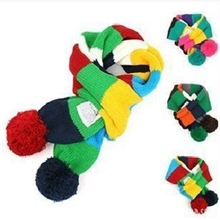 WJ065韩国原单时尚彩条大毛球保暖宝宝围巾