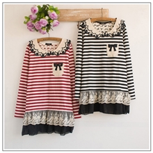 日单森林系女装蕾丝小口袋甜美条纹长袖T恤衫