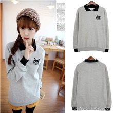 春季新款韩版女装T恤清新学院风可爱猫咪翻领纯棉长袖T恤衫