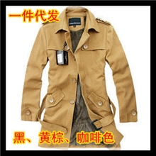 风衣男式韩版修身内植绒单排扣男外套男风衣冬季大衣秋冬季