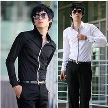 批发男式衬衫男长袖衬衣韩版修身男装百搭镶边黑白小衬衣