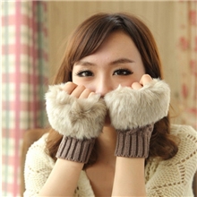 全网最低韩版可爱百搭毛毛皮草手套冬季保暖毛线针织半指手套