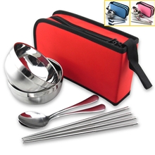 批发不锈钢环保便携餐具2碗筷勺套装情侣拉链布袋旅行包