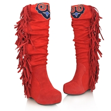 直销进口牛反绒流苏褶皱民族图案内防水坡跟女式高筒靴棉靴