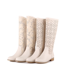 直销时尚镂空头层牛皮AB款舒适低跟高筒靴防滑橡胶底时装靴