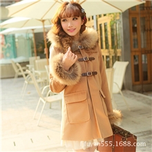 2013秋冬日系新款毛呢外套女纯色连帽中长款毛呢大衣女式外套