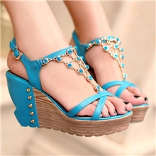 春夏新款厂家批发外贸真皮女鞋罗马风坡跟高跟水钻鱼嘴女士凉鞋