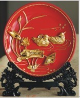 特色礼品漆线雕6寸、8寸红盘祥龙山水花鸟