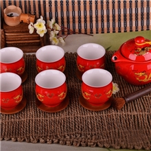供应中国红瓷七头隔热双层杯红金龙茶具婚庆茶具套装