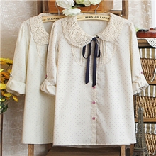 秋季新品复古蕾丝钩花娃娃领波点系带长袖衬衣女式大码打底衫