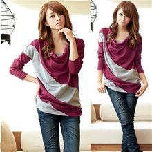 2013新款莫代尔堆领双色拼接长袖T恤打底衫批发韩版女装厂家批发