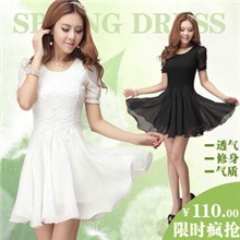 2013夏季热卖好质量新款蕾丝雪纺拼接短袖春款修身韩版女连衣裙子