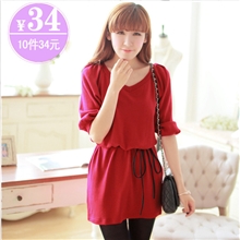 #991满10件34元CHUVIVI韩版秋装新款韩国绒v领红色百搭连衣裙