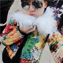 2013新款秋冬奢华涂鸦外套毛毛领亮面太空棉衣棉服女