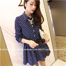 韩版新款春季女装复古气质绒料圆点点收腰翻领长袖衬衫连衣裙