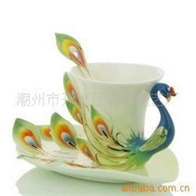 厂家直销珐琅瓷孔雀咖啡杯碟骨瓷咖啡杯陶瓷礼品