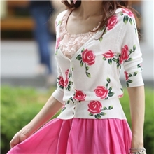 外贸款玫瑰印花超薄外搭短款七分袖开衫针织衫女空调防晒衫批发