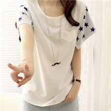 2013夏装韩版新款女装创意几何星星镂空袖上衣短袖圆领雪纺T恤