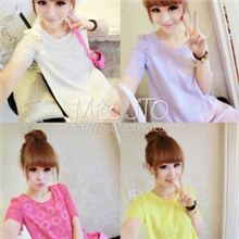 韩版气质纯色宽松大码民族花纹镂空中长款雪纺T恤