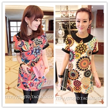 春季新款韩版百搭拼色娃娃领太阳花印花直筒连衣裙