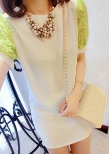 2013春季新款韩版时尚简约雪纺蕾丝立体玫瑰花边袖连衣裙